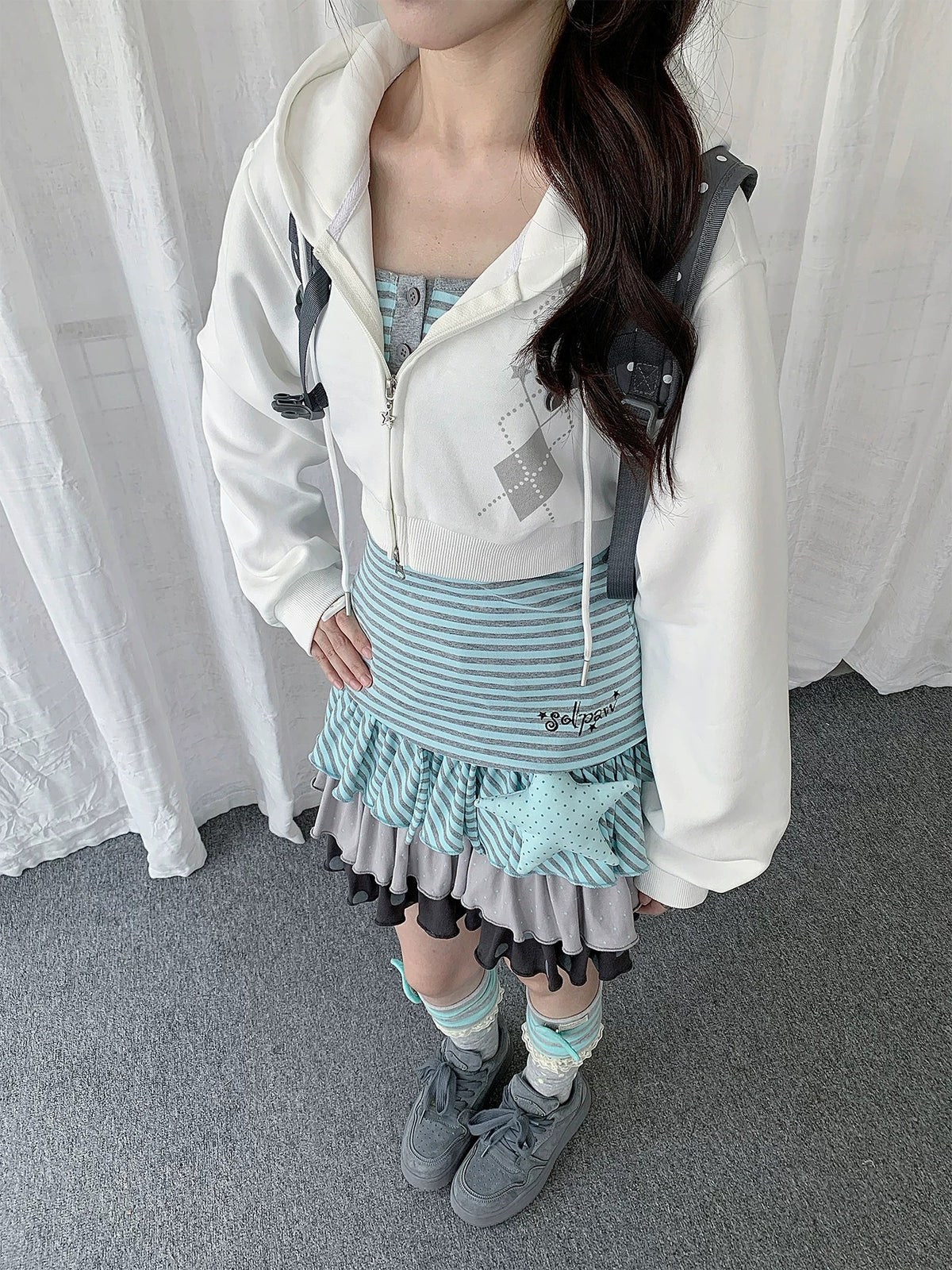 Striped Cami & Cropped Zip Hoodie Two-Piece Set