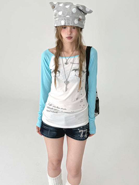 Tear-Eye Graphic Contrast Sleeve Long Sleeve Tee