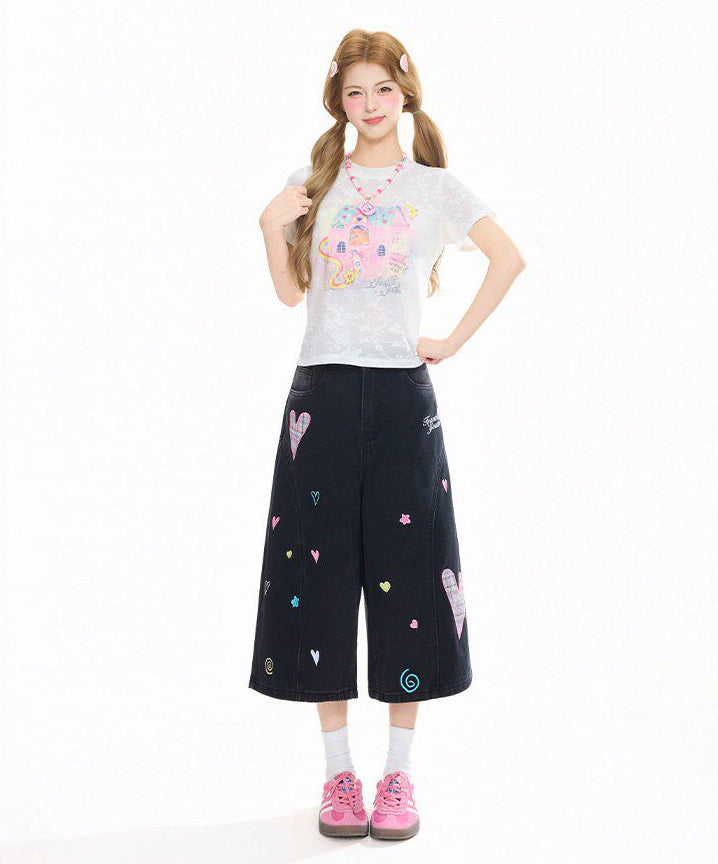 Plaid Heart Patch Cropped Wide-Leg Jeans