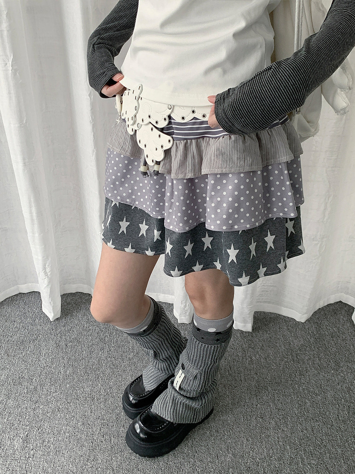 Star Polka Dot Stripe Tiered Mini Skirt
