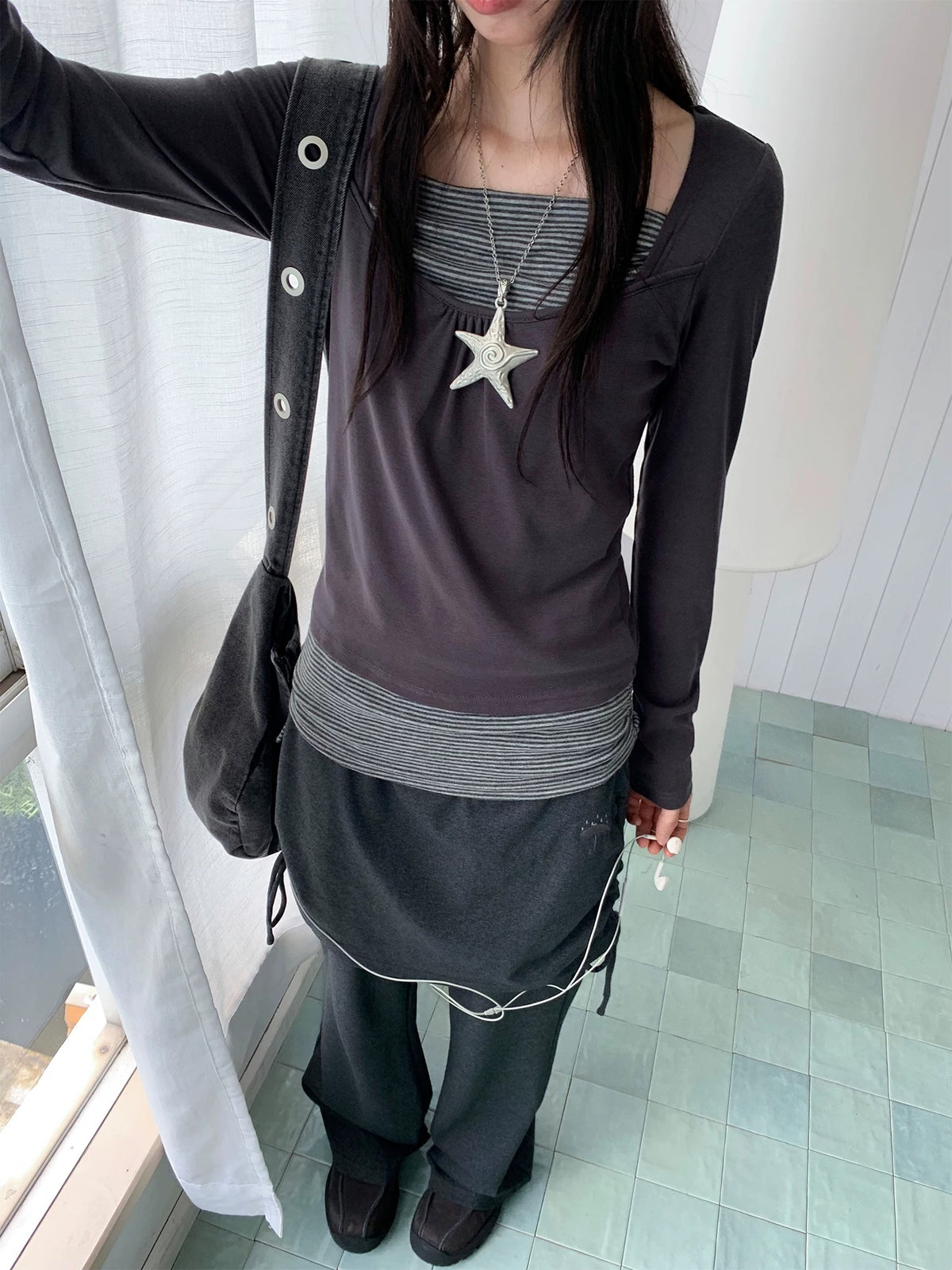 Striped Square-Neck Faux-Layer Drawstring Long Sleeve Top