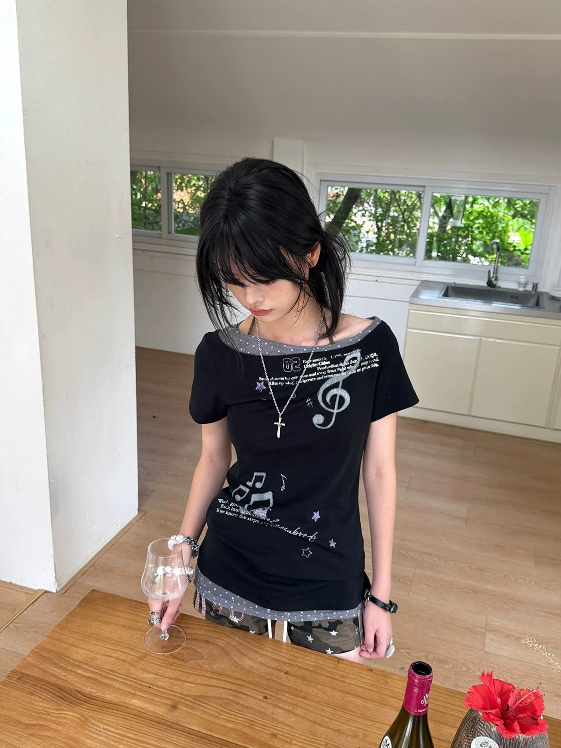 Asymmetric Music Note Faux-Layer Fitted Tee