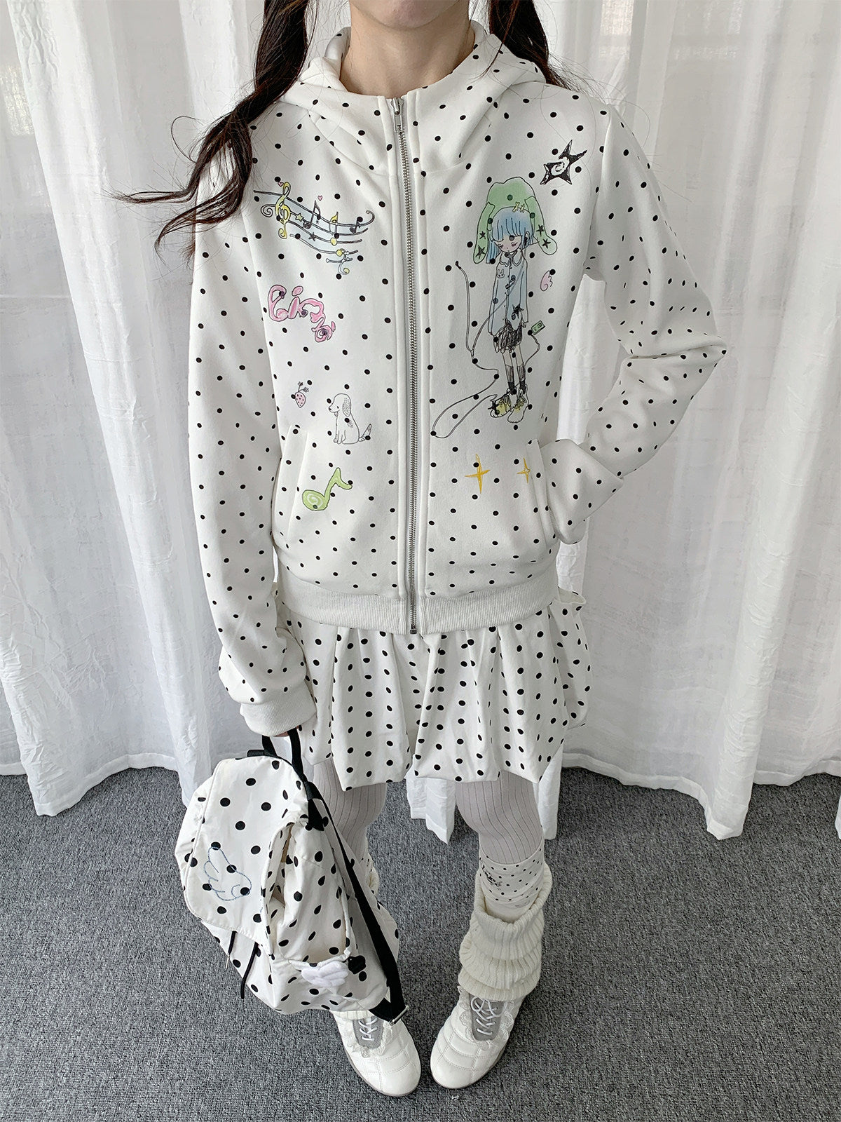 Polka Dot Devil-Horn Cartoon Girl Zip Hoodie