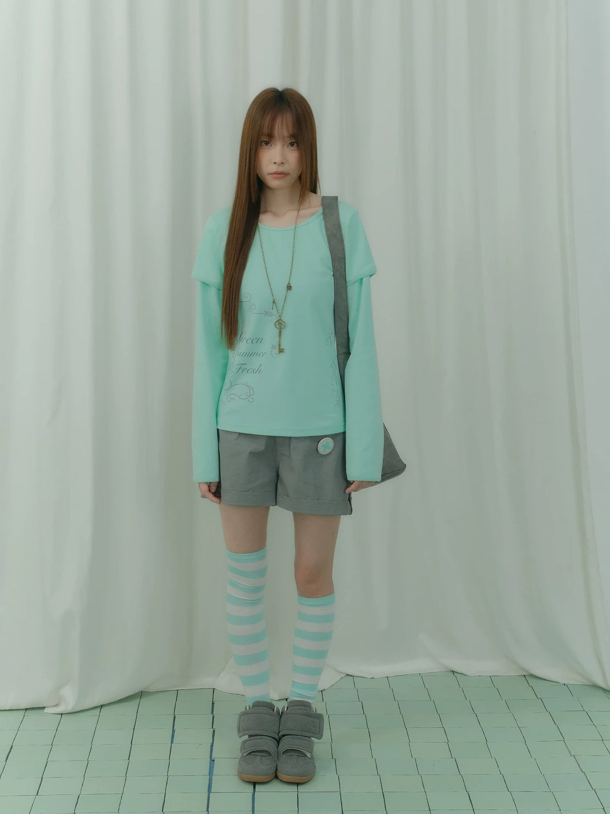 Mint Haze Faux-Layer Graphic Long Sleeve Top
