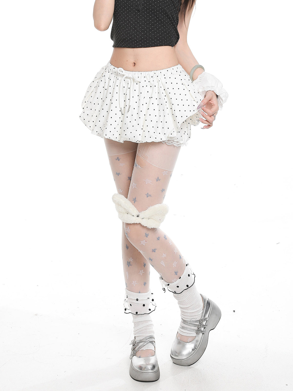Polka Dot Bubble-Hem Ruffle Skort