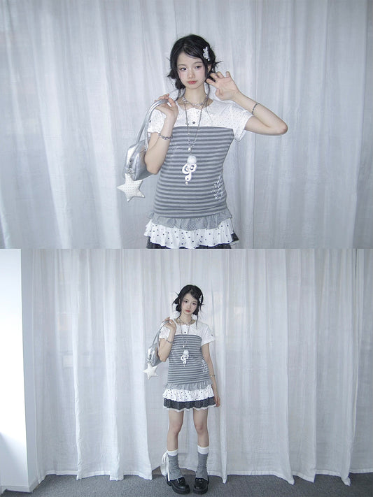 Gray Polka Dot Stripe Peter Pan Collar Top