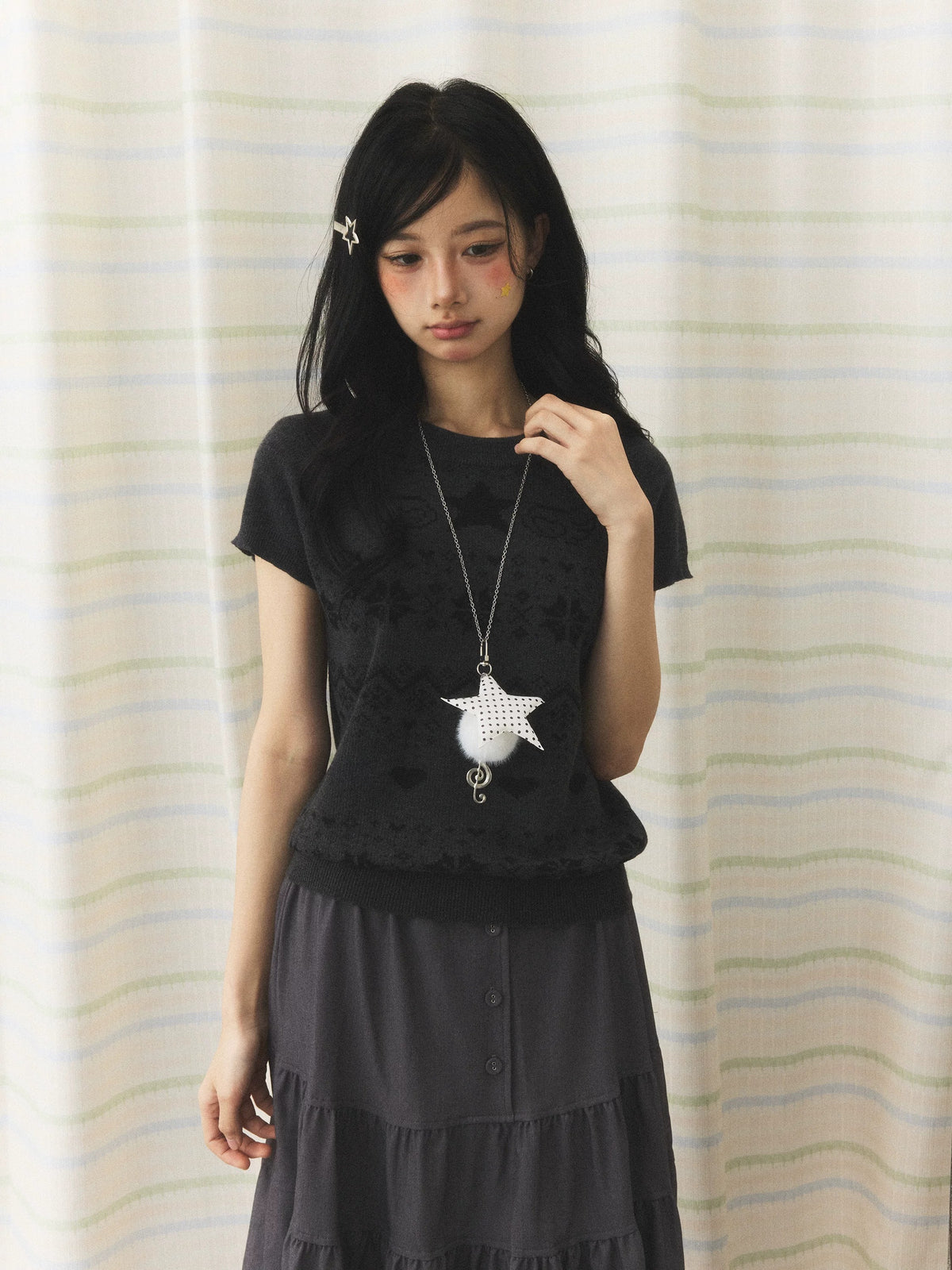 Vintage Jacquard Knit Short Sleeve Top