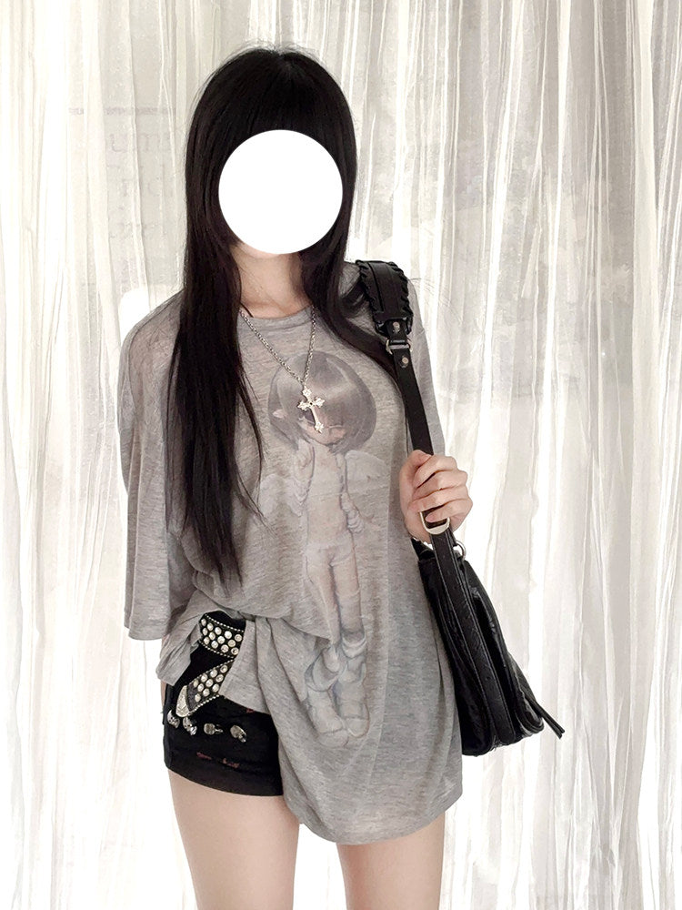 Faded Angel Girl Sheer Oversized Tee