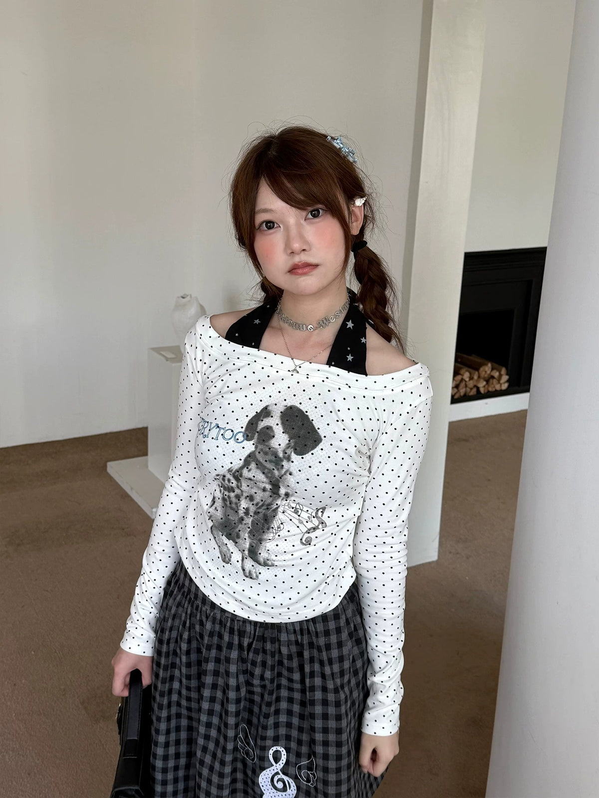 White Polka Dot Puppy Off-Shoulder Long Sleeve Top