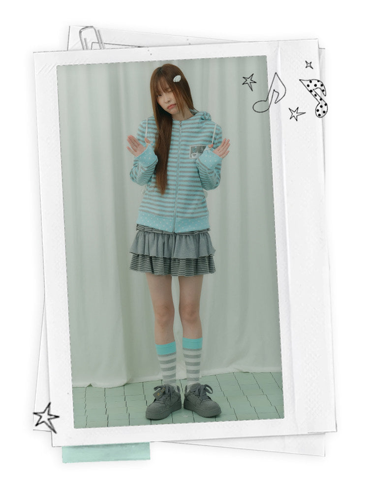 Mint & Gray Stripe Cat-Ear Zip Hoodie