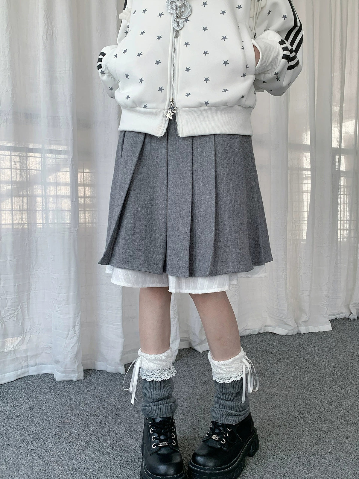 Gray Faux-Layer Pleated Midi Skirt