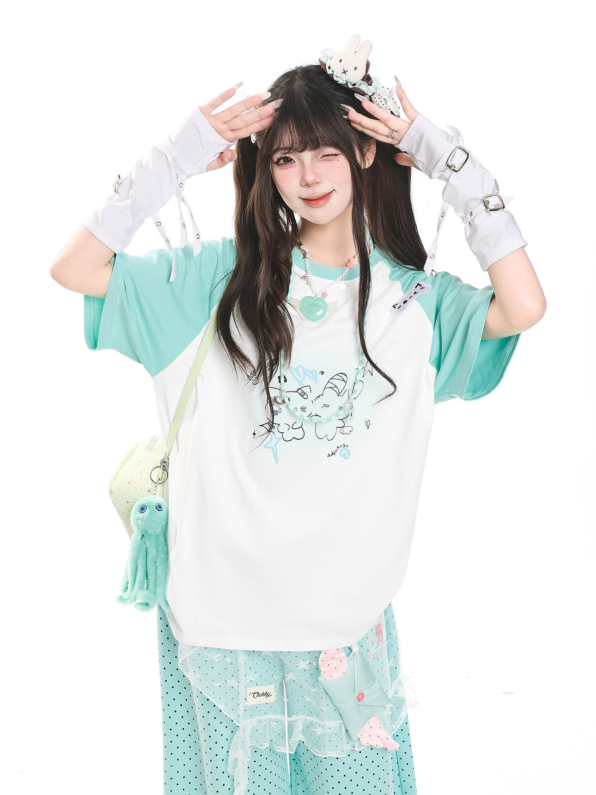 Kitty Sketch Colorblock Raglan Oversized Tee
