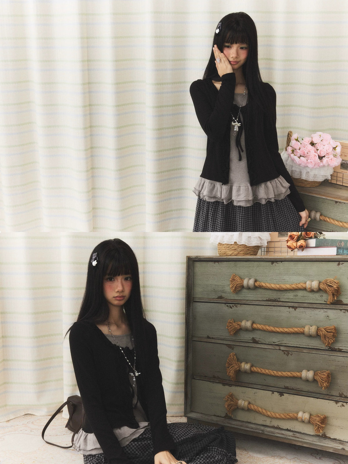 Ruffle Hem Tie-Front Faux-Layered Long Sleeve Top