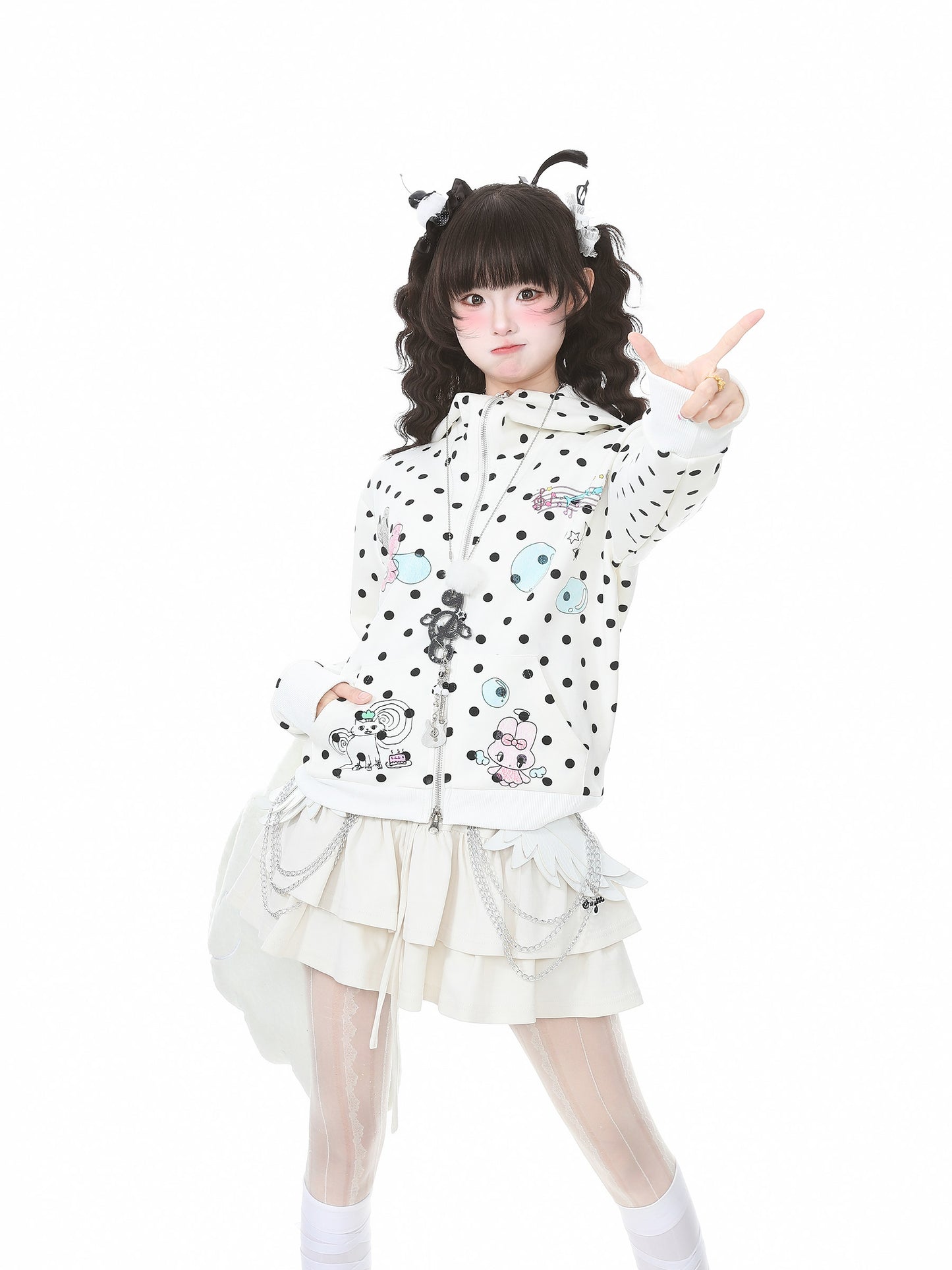 Pastel Doodle Polka Dot Cropped Zip Hoodie