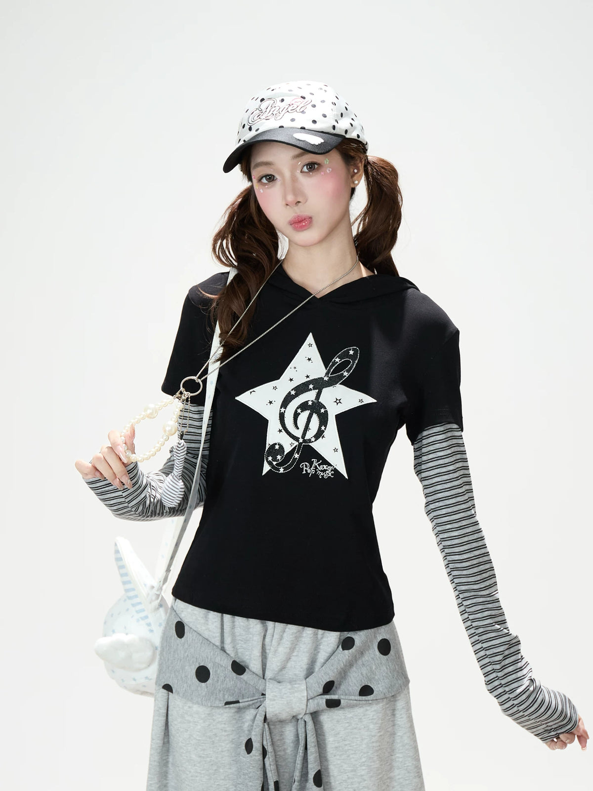 Music Note Star Layered Hoodie Top & Polka Dot Tie-Waist Wide-Leg Pants