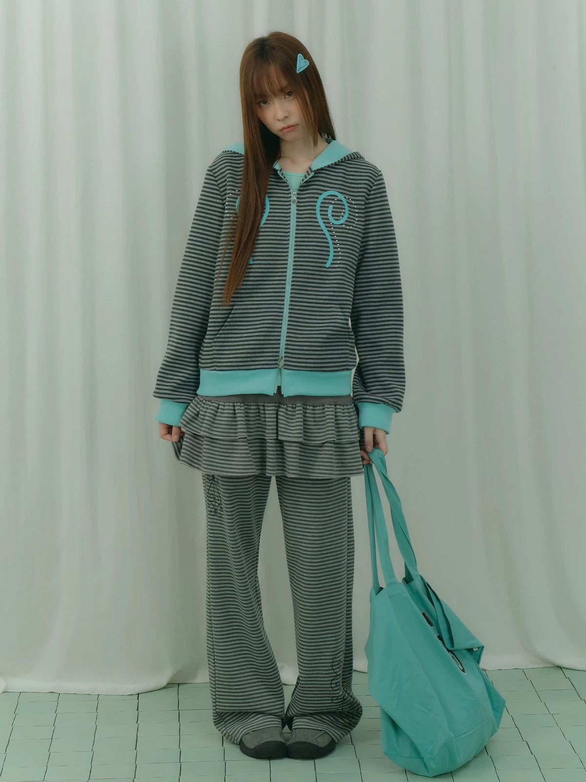 Mint Contrast Stripe Double-Zip Hoodie