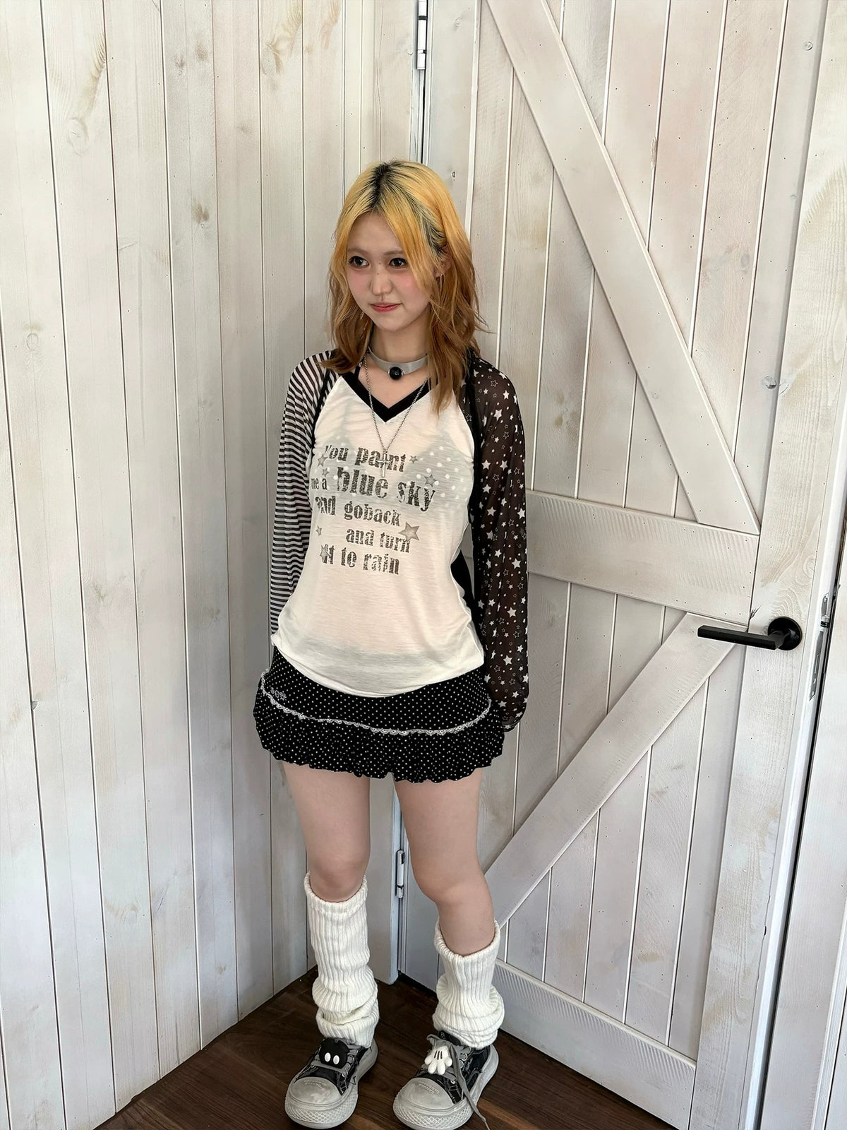 Star Mesh Stripe Contrast Lyocell Long Sleeve Top