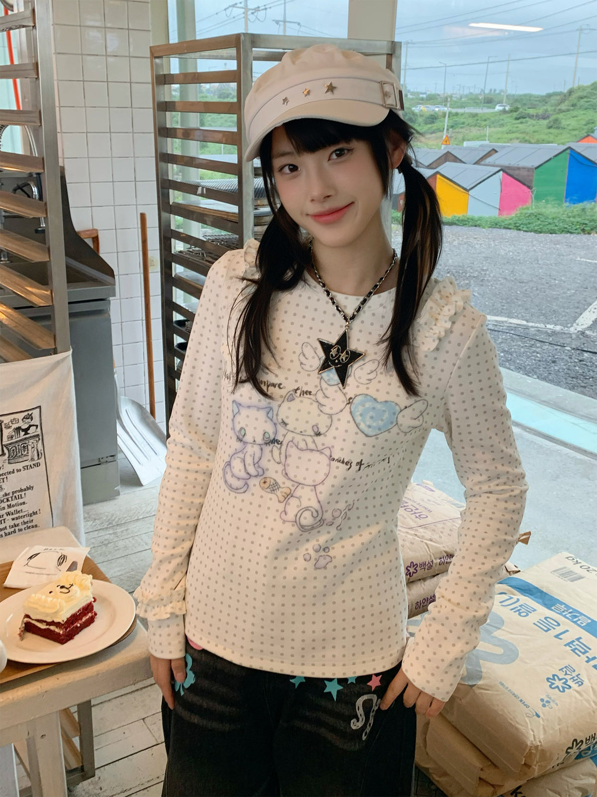 Cat Party Polka Dot Ruffle Long Sleeve Top