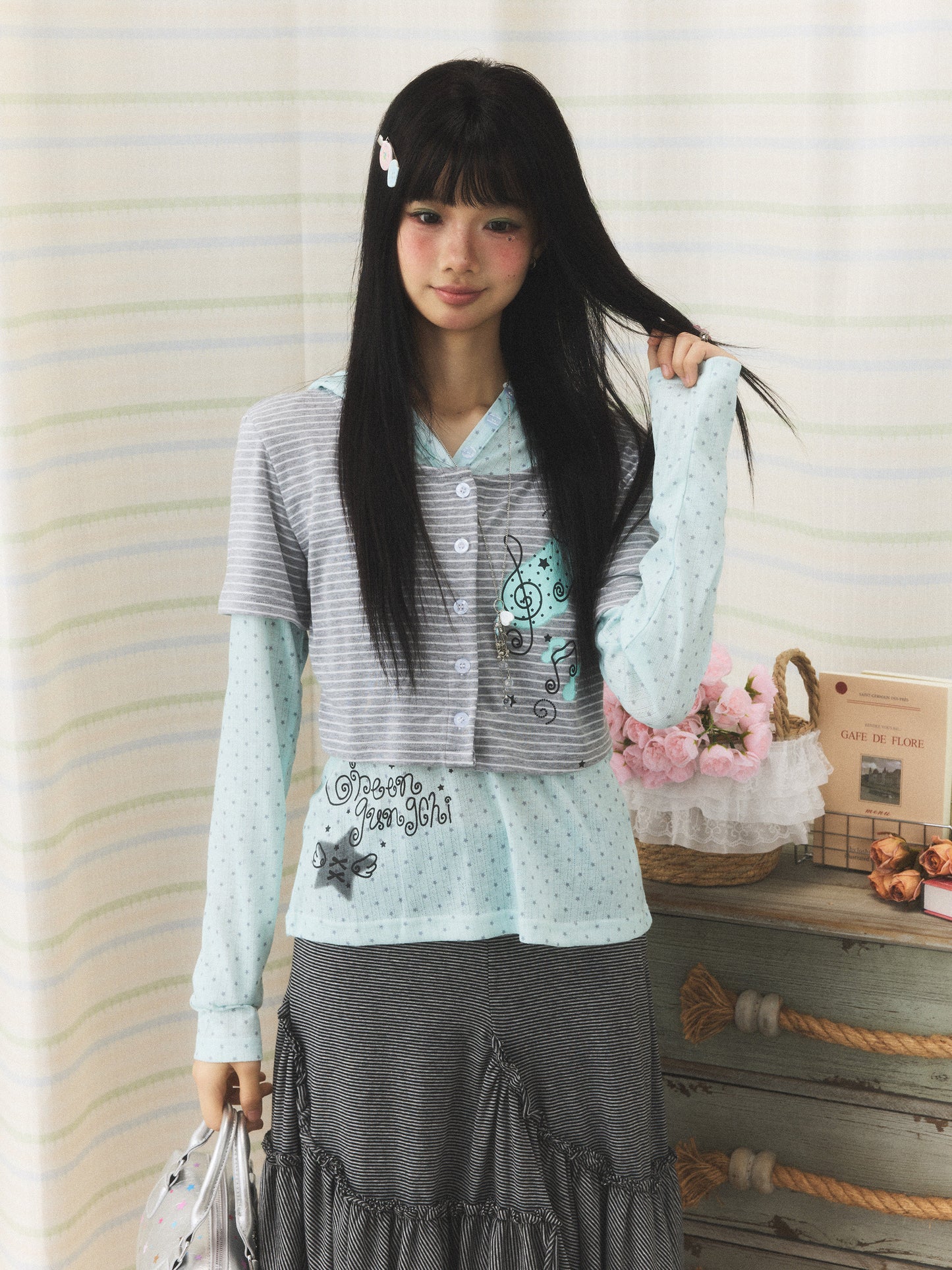 Mint Melody Faux-Layer Hooded Long-Sleeve Top