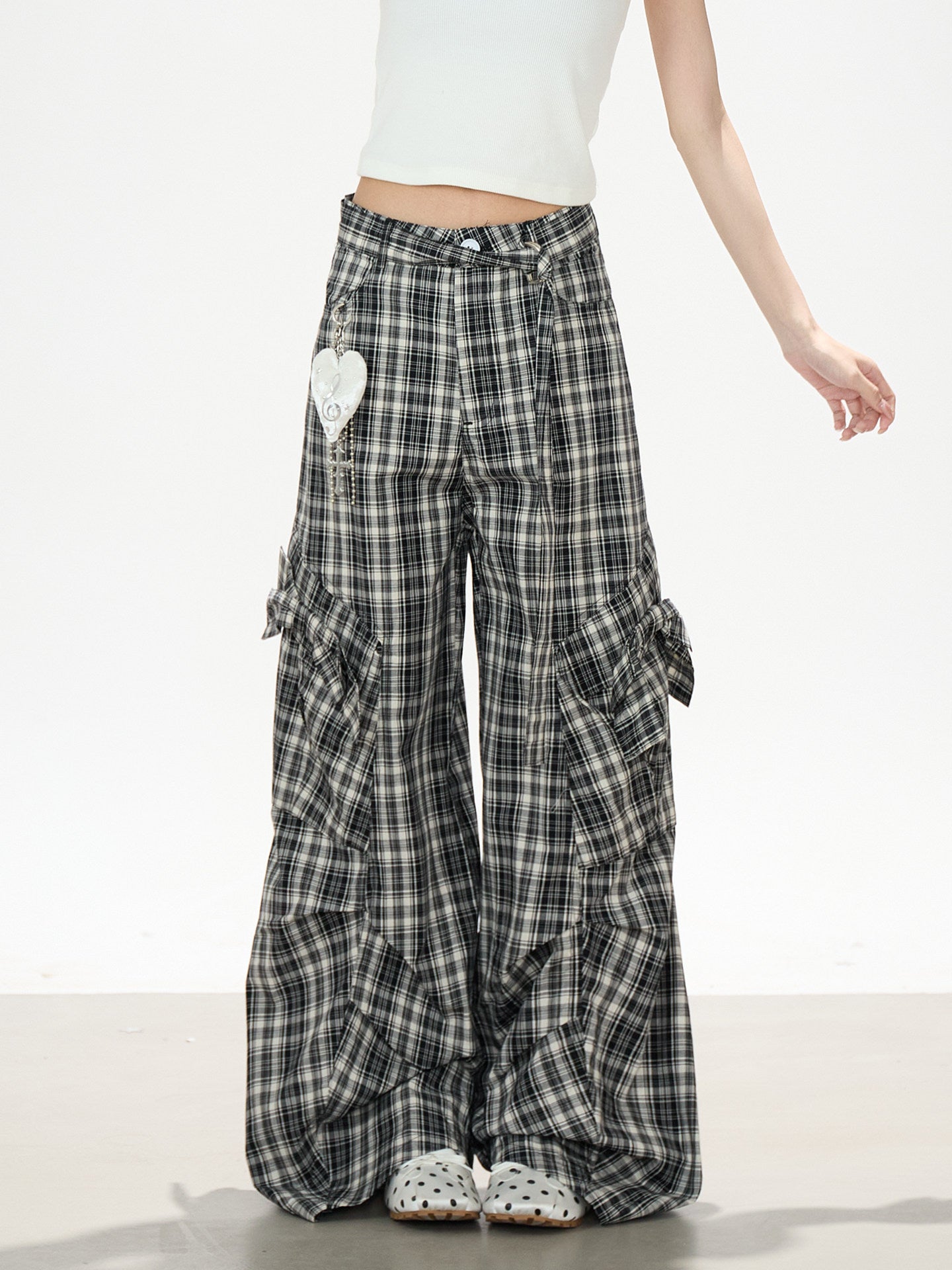 Bow Plaid Cargo Wide Leg Pants