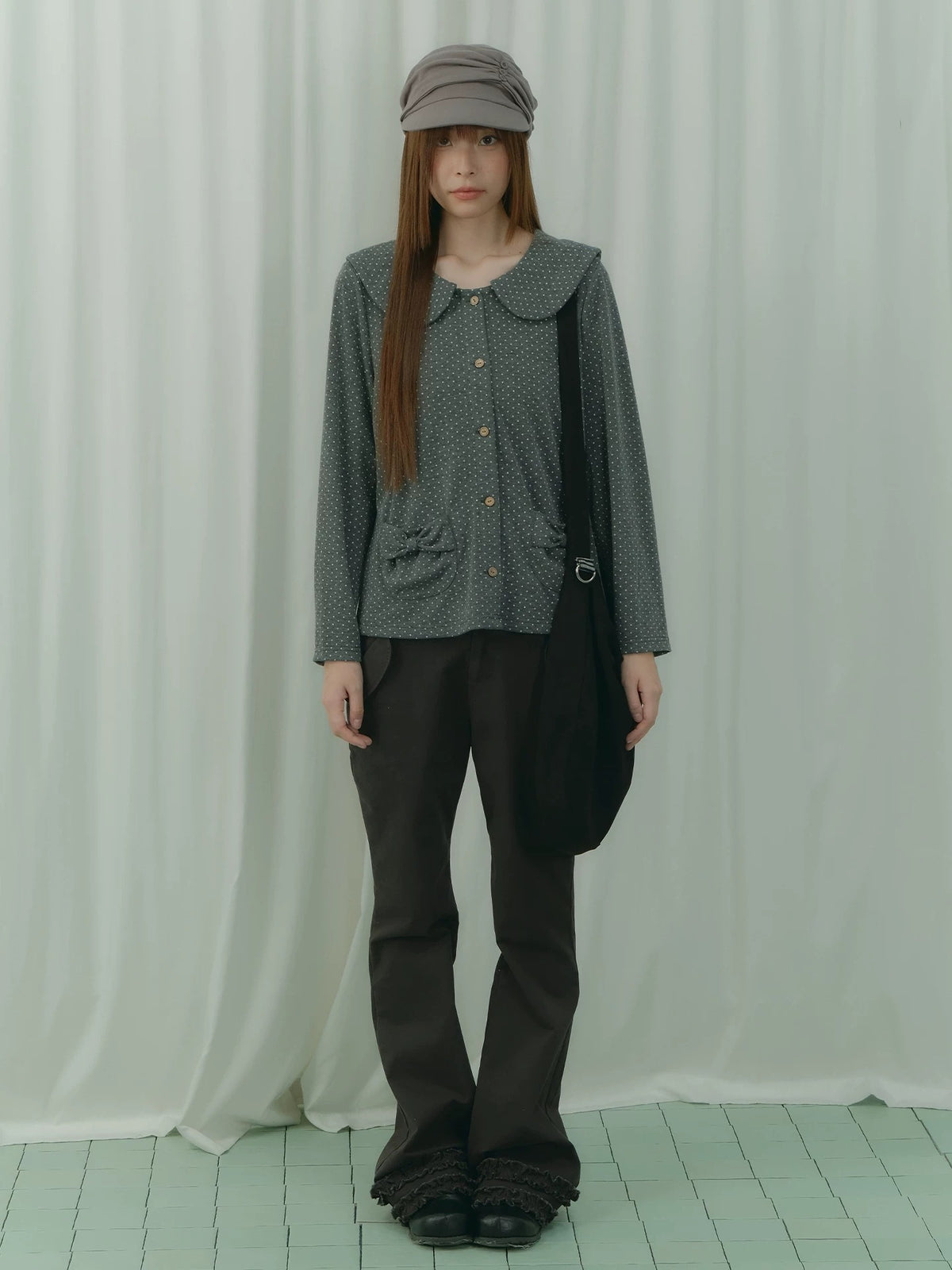 Charcoal Polka Dot Peter Pan Collar Button Shirt