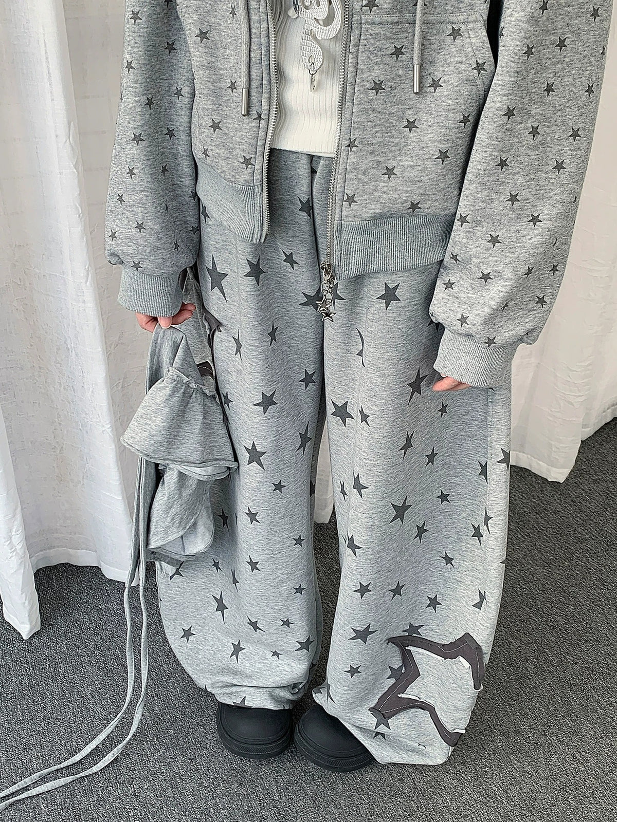 Star Print Detachable Ruffle-Layer Wide-Leg Sweatpants