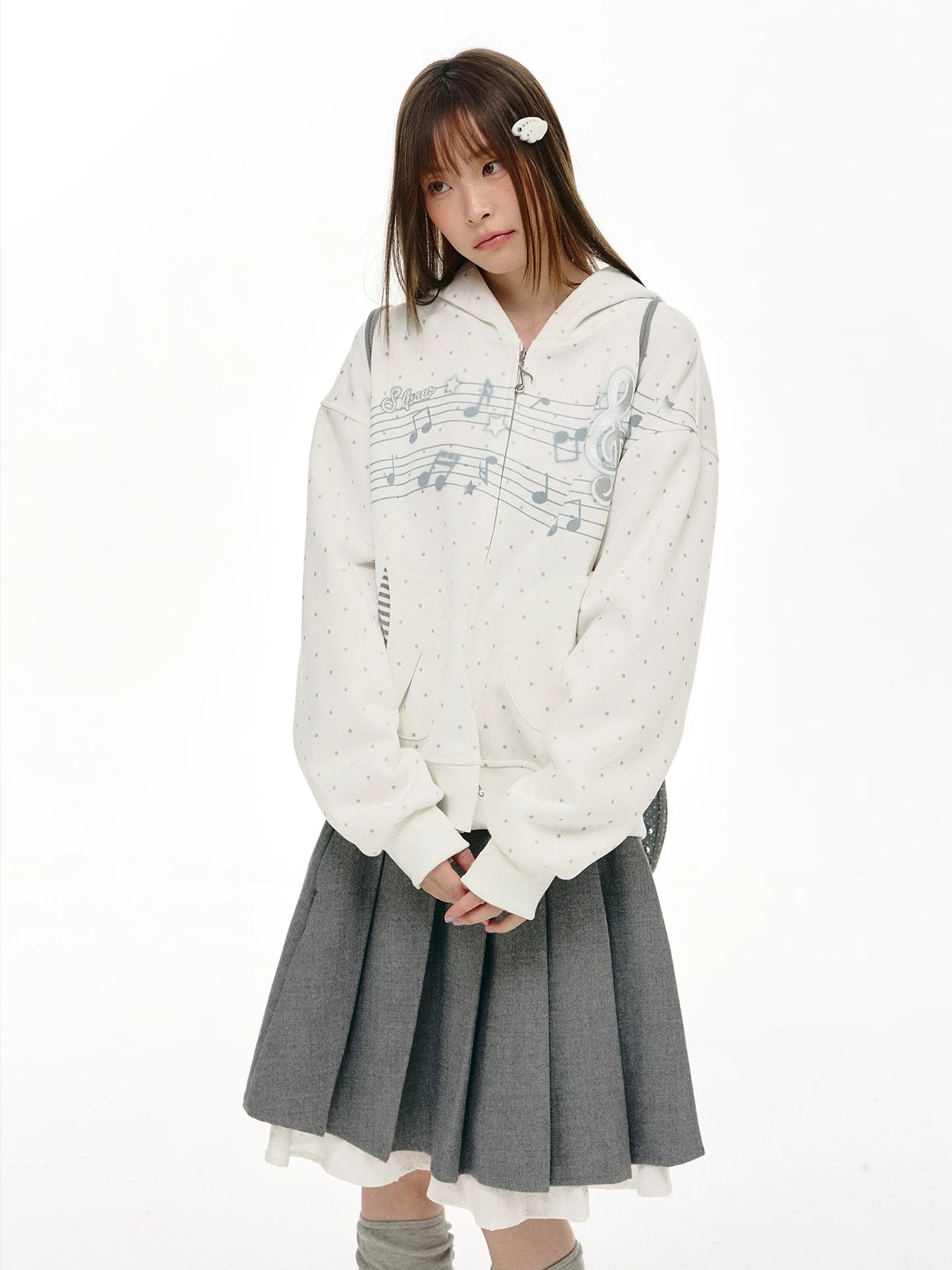 Gray Melody Polka Dot Graphic Zip Hoodie