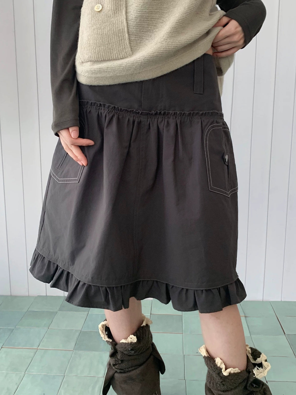 Contrast-Stitch Ruffle-Hem Utility Mini Skirt