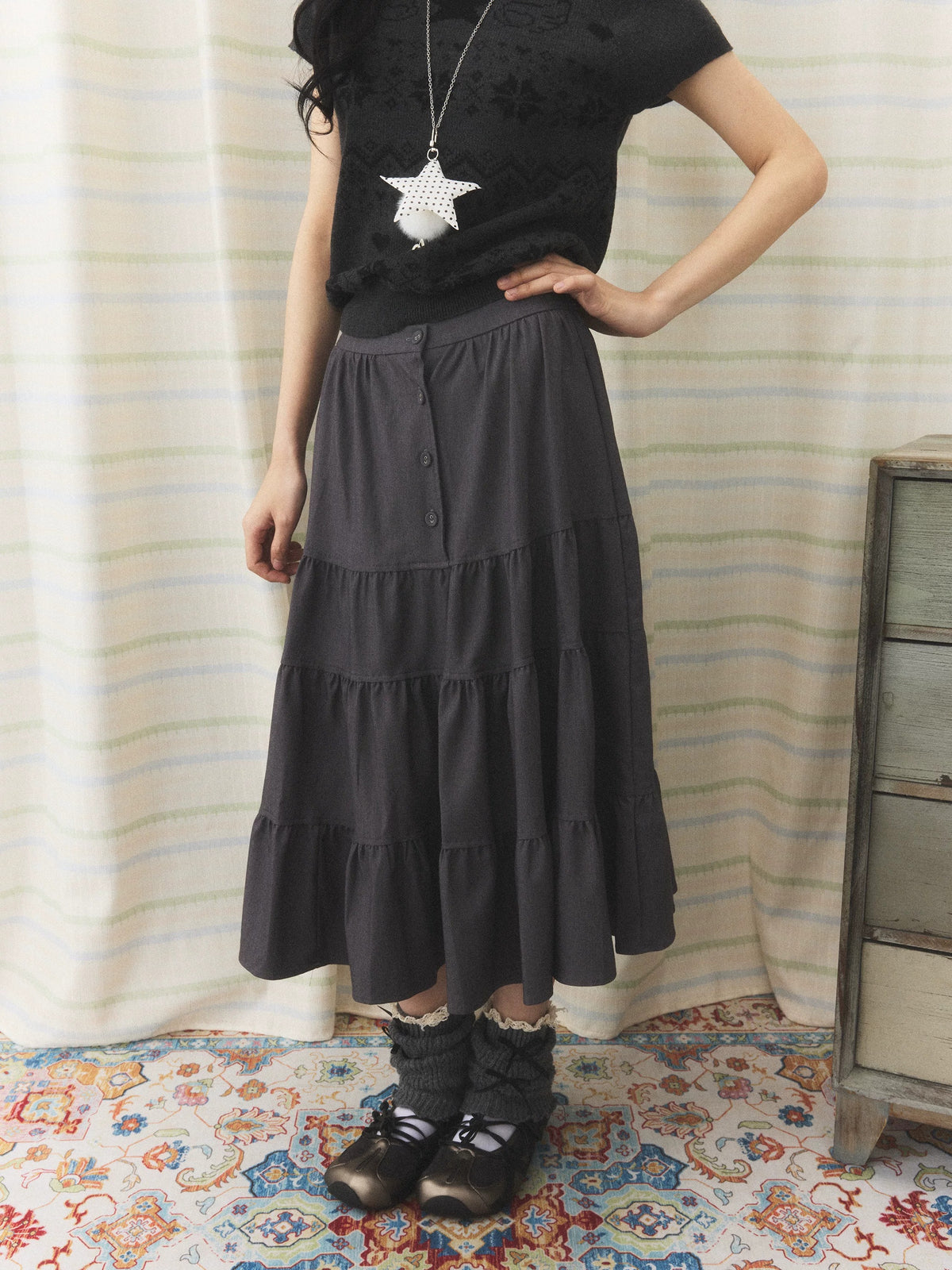 Charcoal Tiered Button Midi Skirt