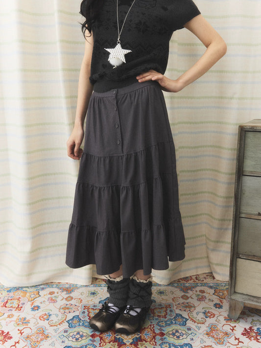 Charcoal Tiered Button Midi Skirt