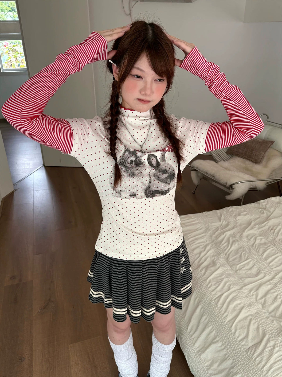 Charcoal Striped Star Pleated Mini Skirt