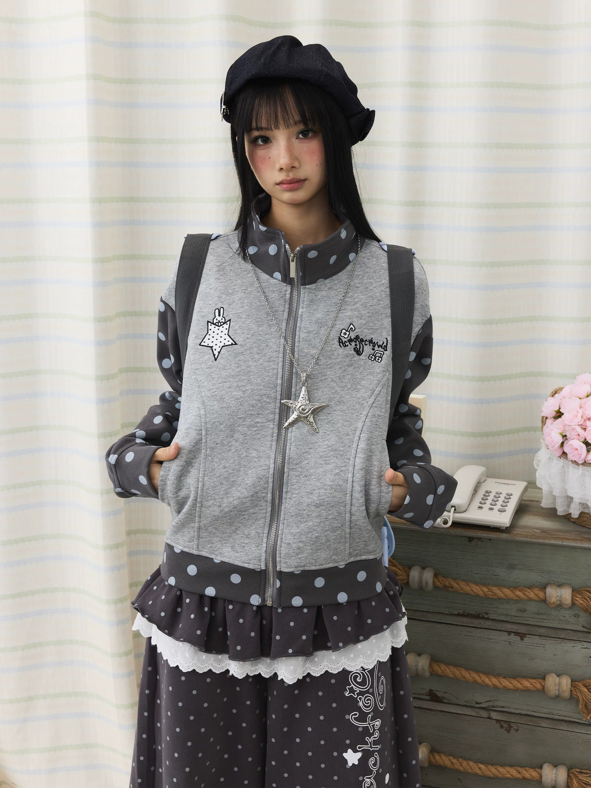 Polka Dot Contrast Embroidered Zip-Up Jacket