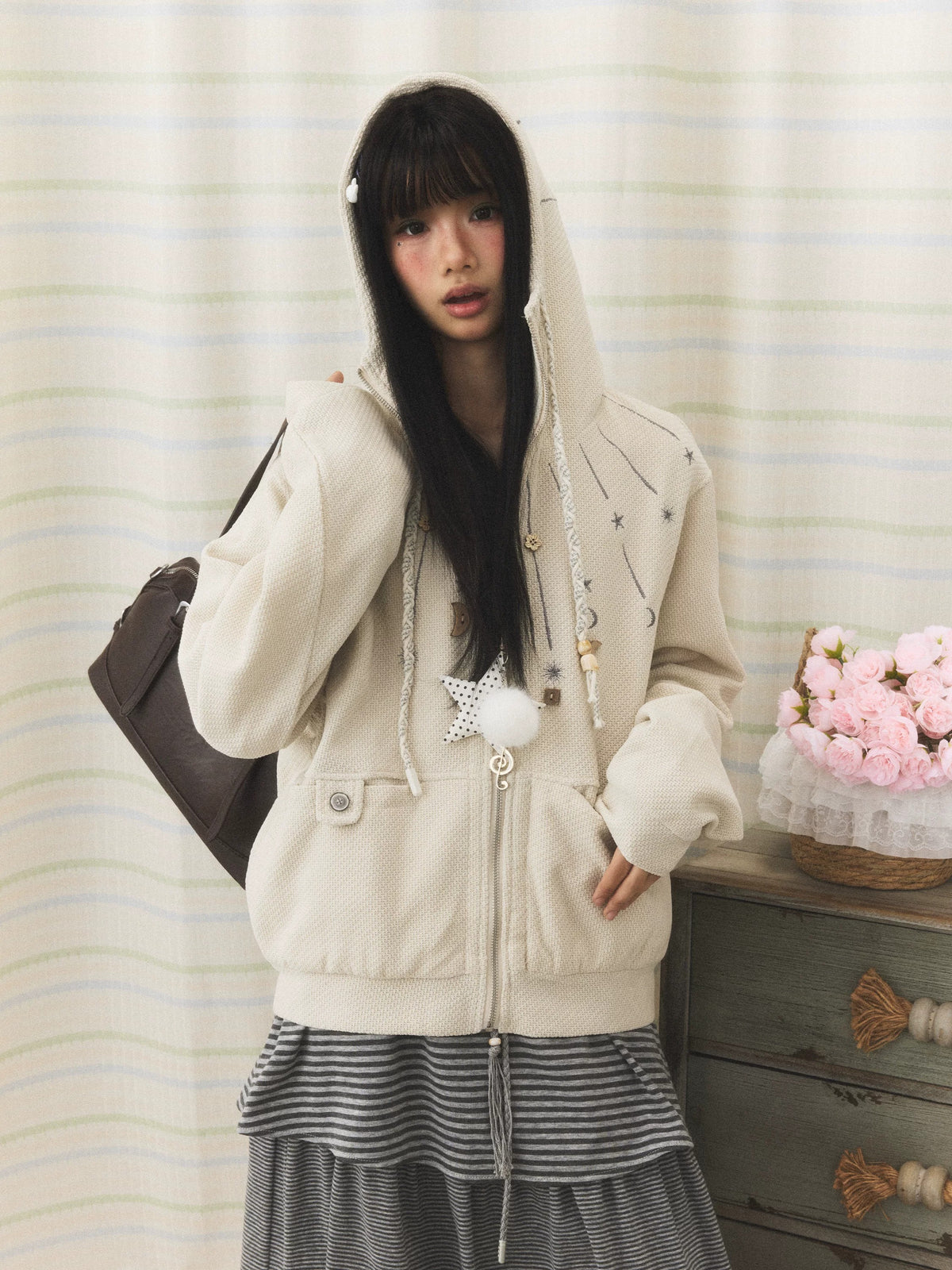Star & Moon Embroidered Zip-Up Hoodie