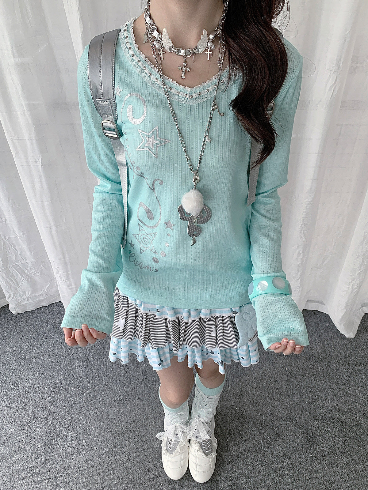 Mint Melody Lace-Trim Studded Long-Sleeve Top