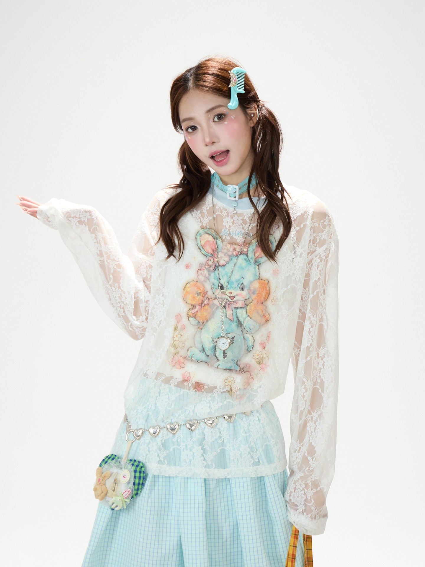 Bunny Sheer Lace Long Sleeve Top & Mint Plaid A-Line Skirt