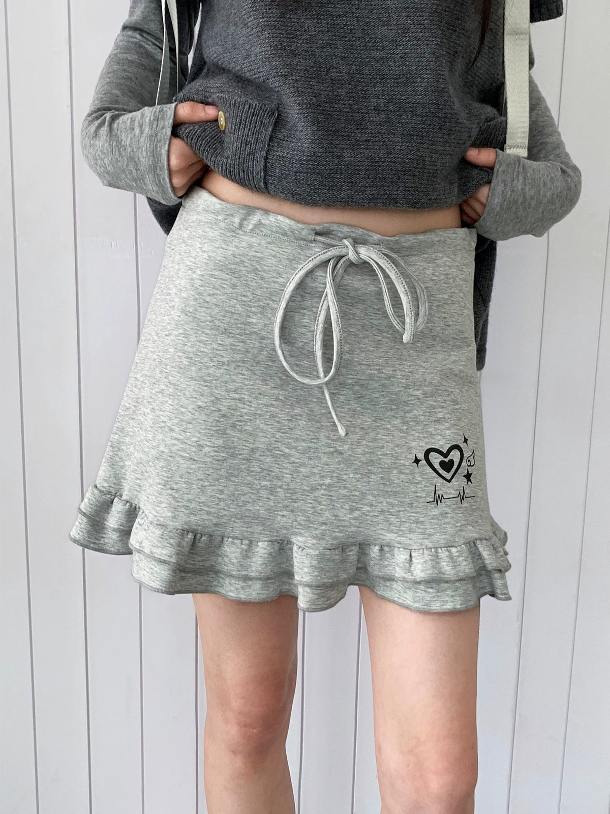 Heart Pulse Drawstring Ruffle Mini Skirt