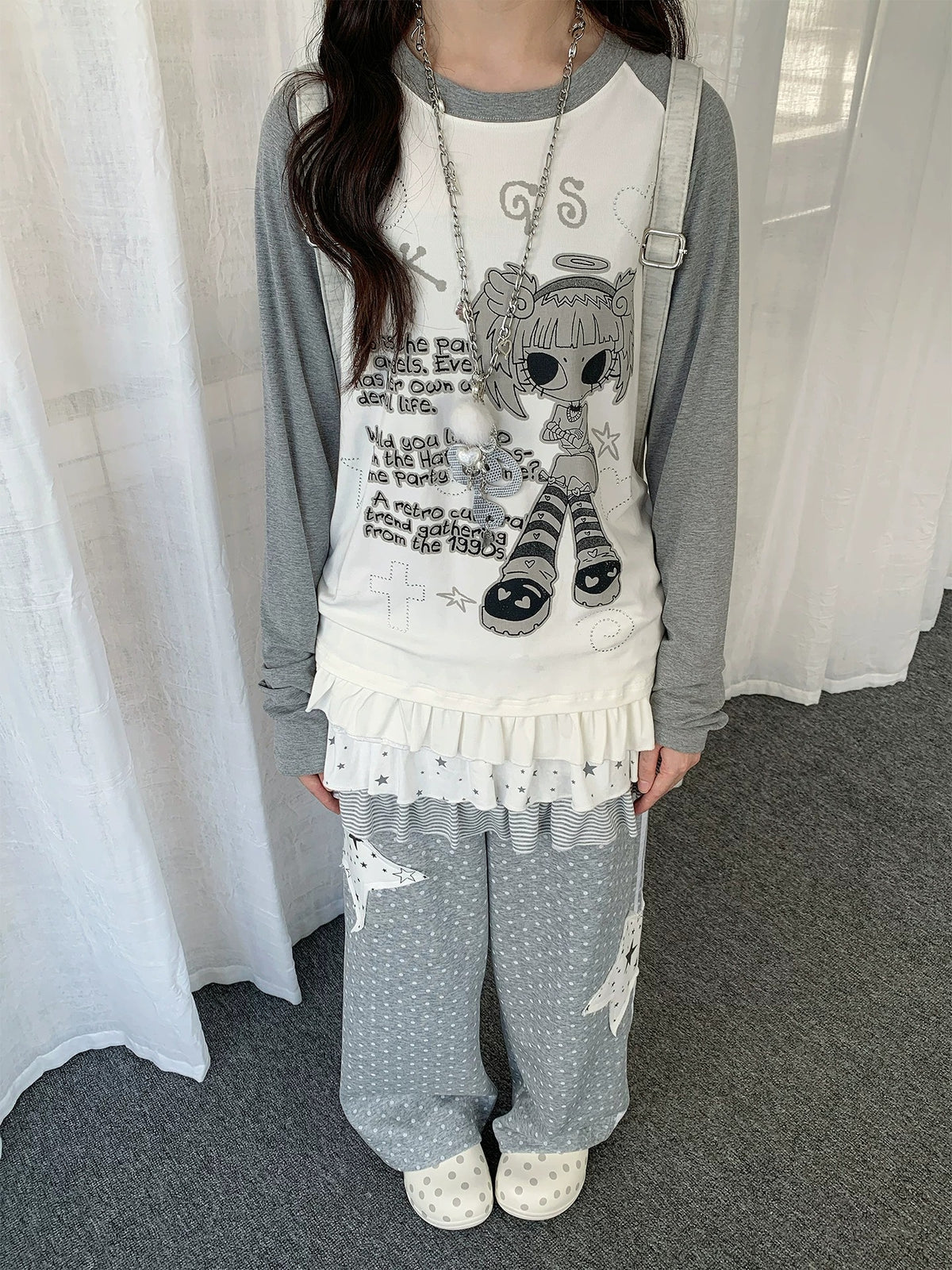 Angel Girl Graphic Raglan Ruffle Long Sleeve Top