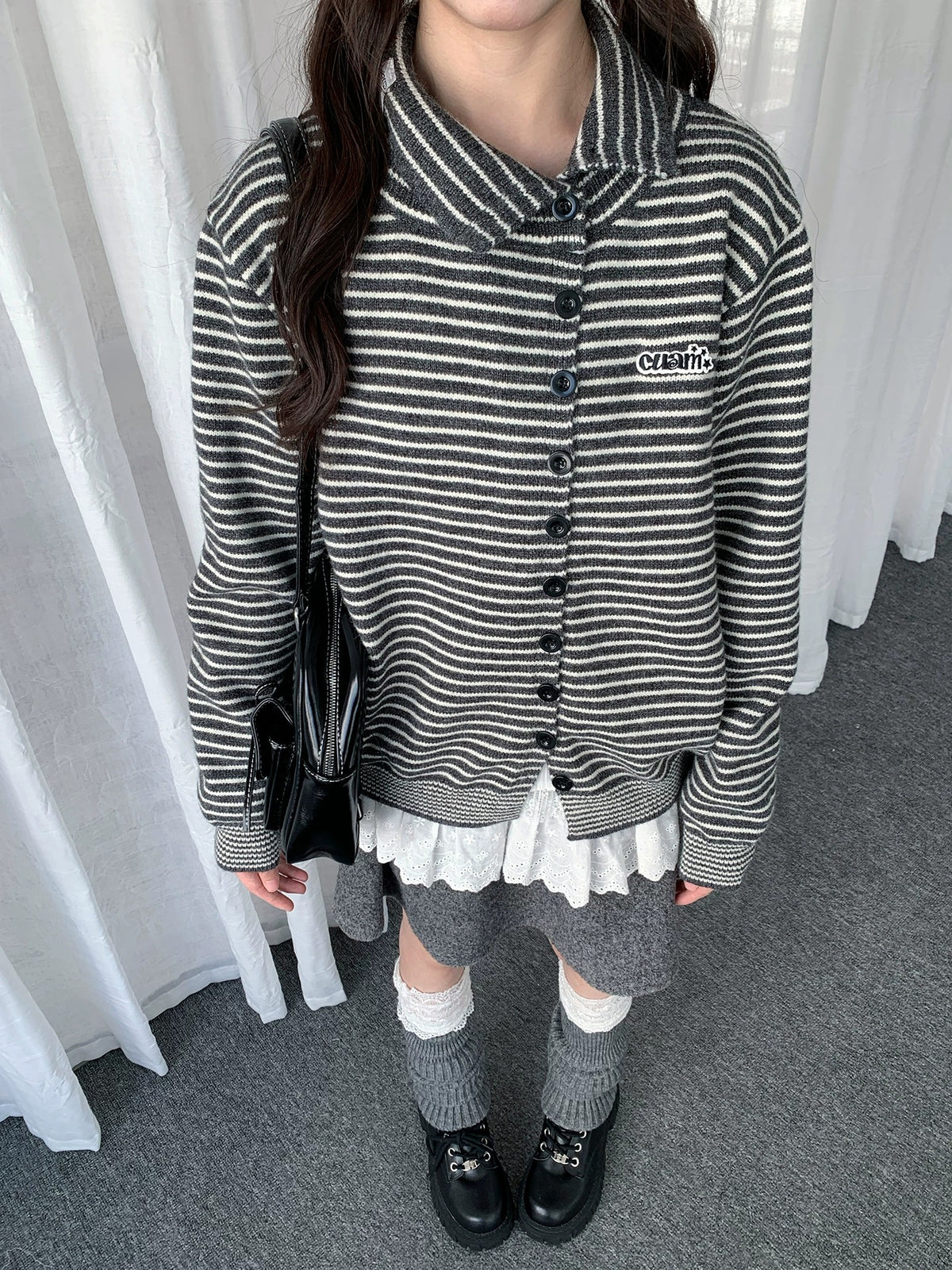 Striped Polo-Collar Knit Cardigan