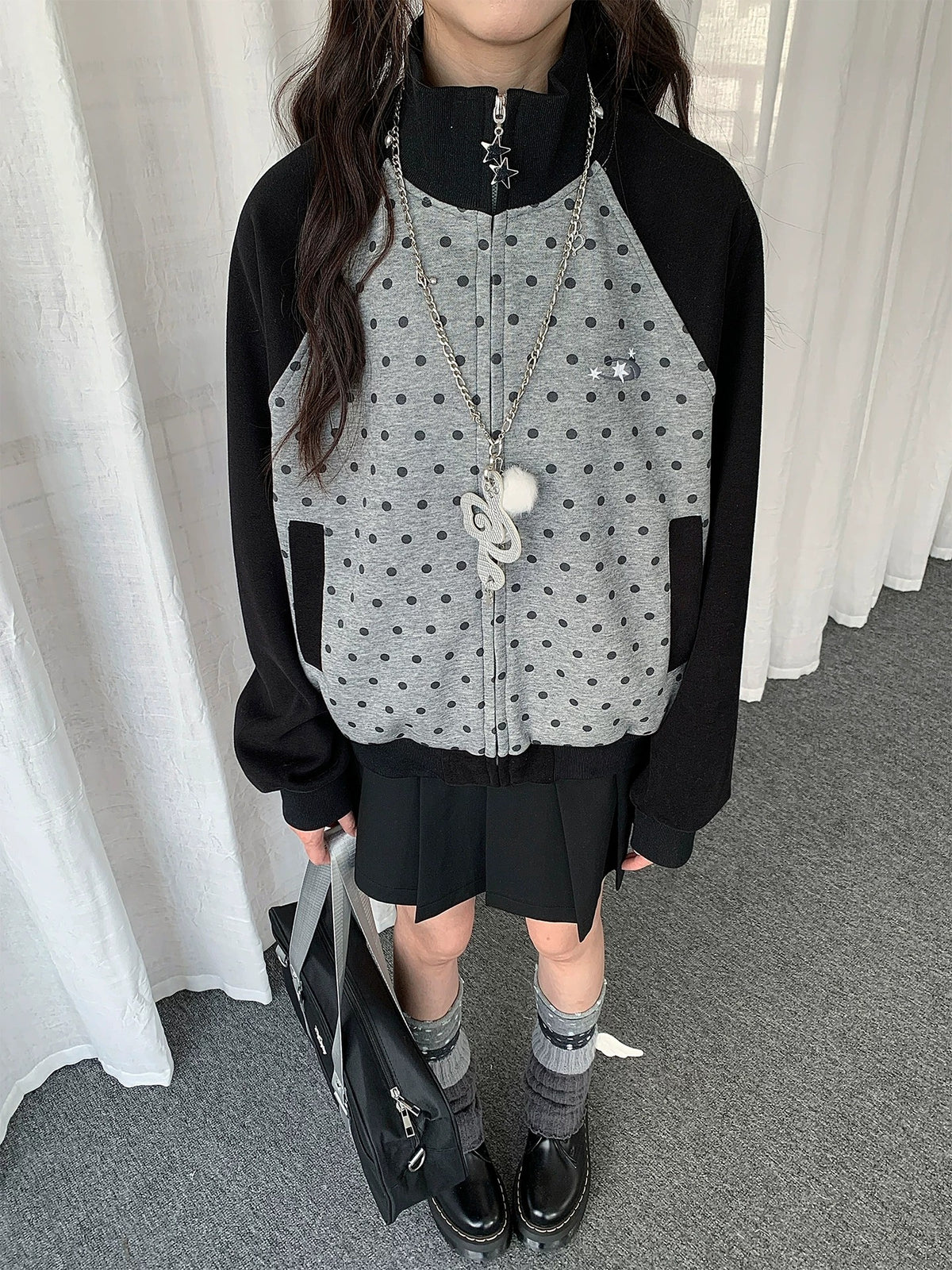Contrast Polka Dot Zip-Up Jacket