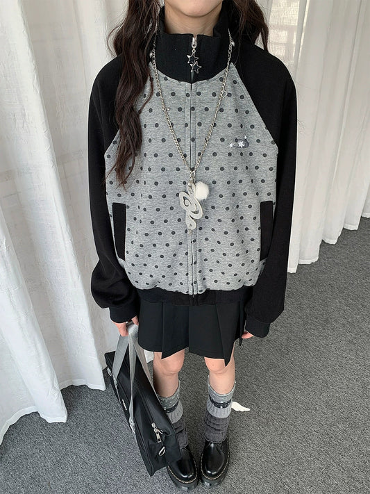 Contrast Polka Dot Zip-Up Jacket