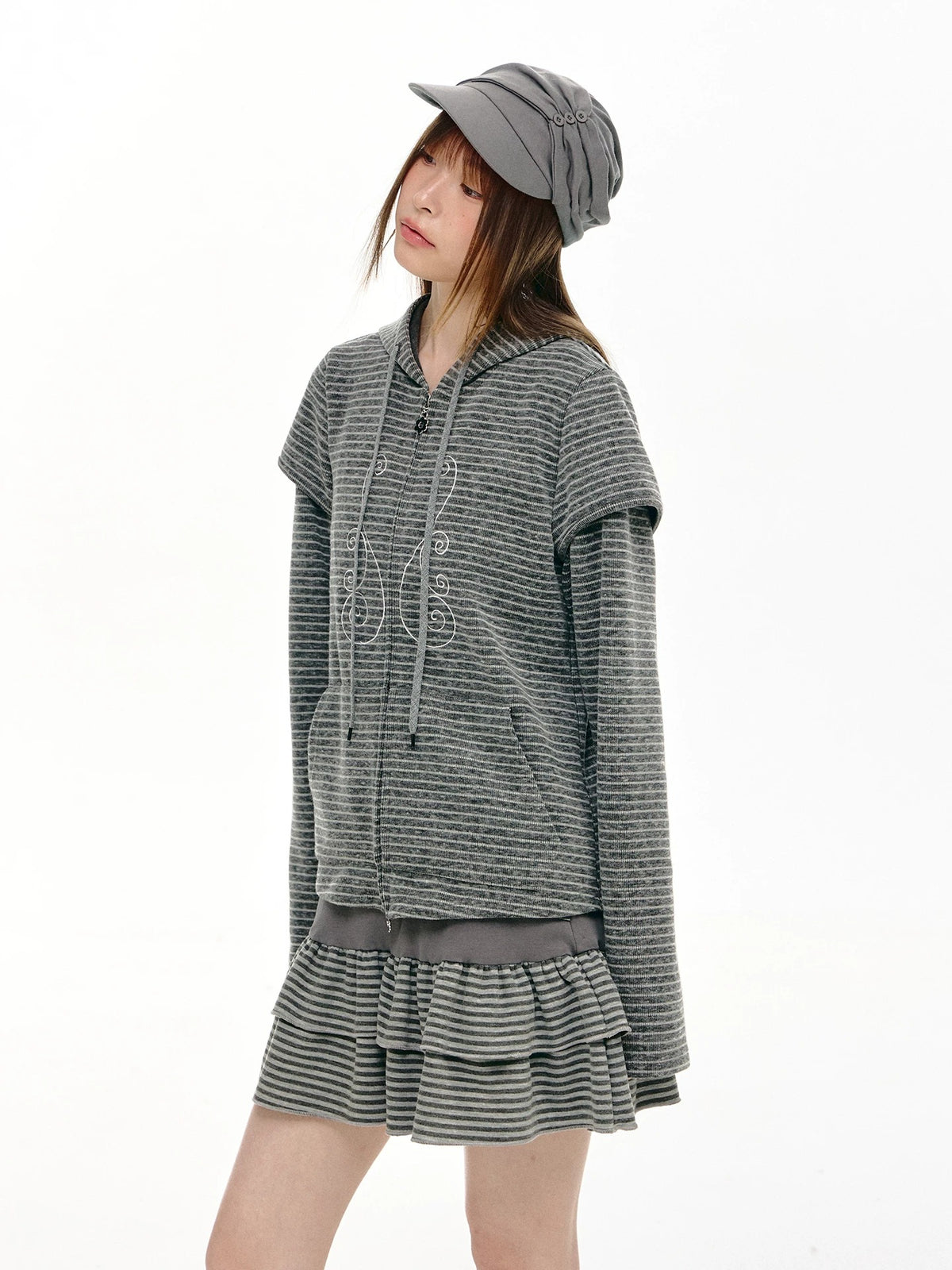 Charcoal Stripe Double-Ruffle A-Line Mini Skirt