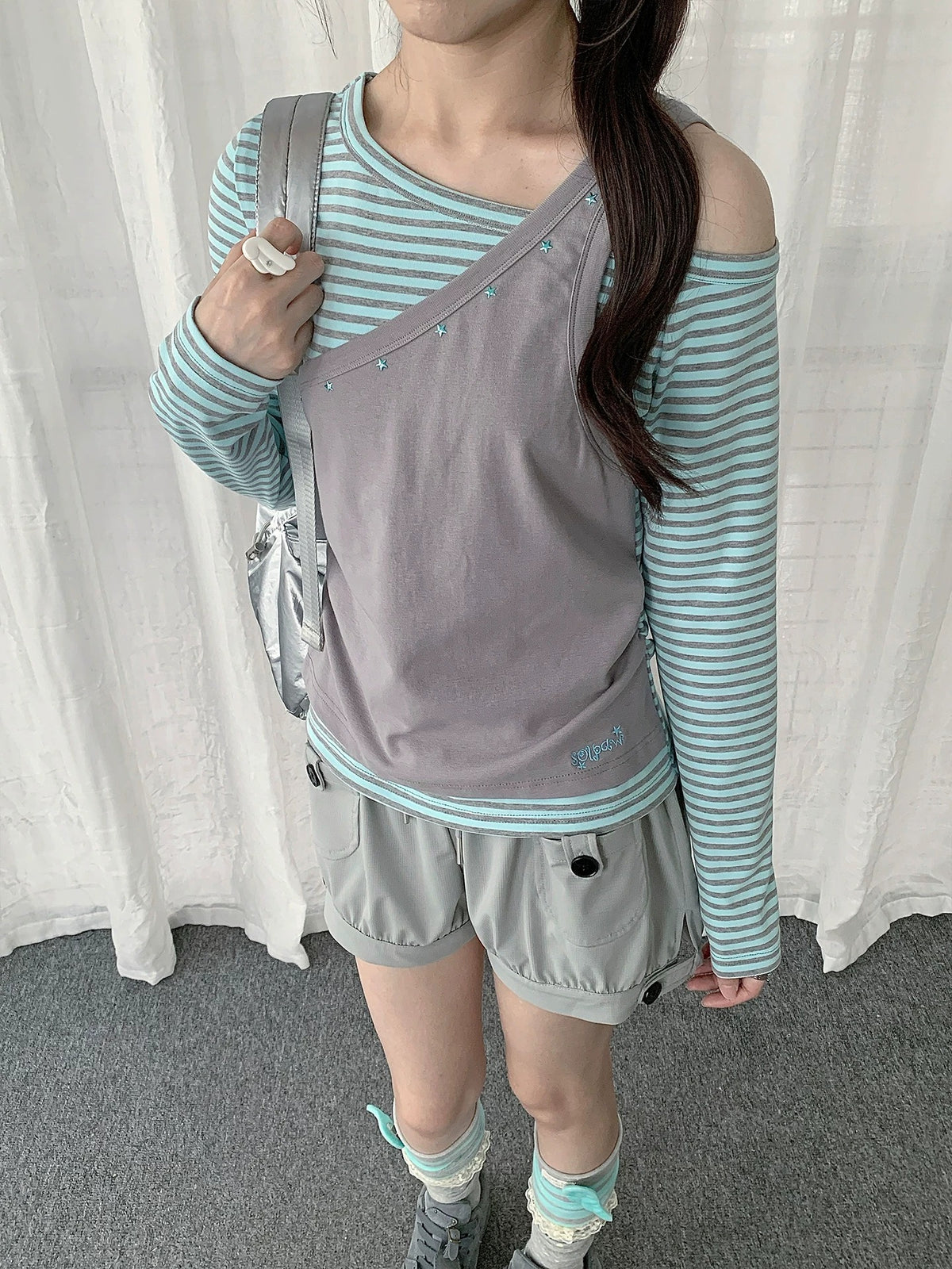 Gray Mint Stripe Asymmetric Faux-Layer Long Sleeve Top