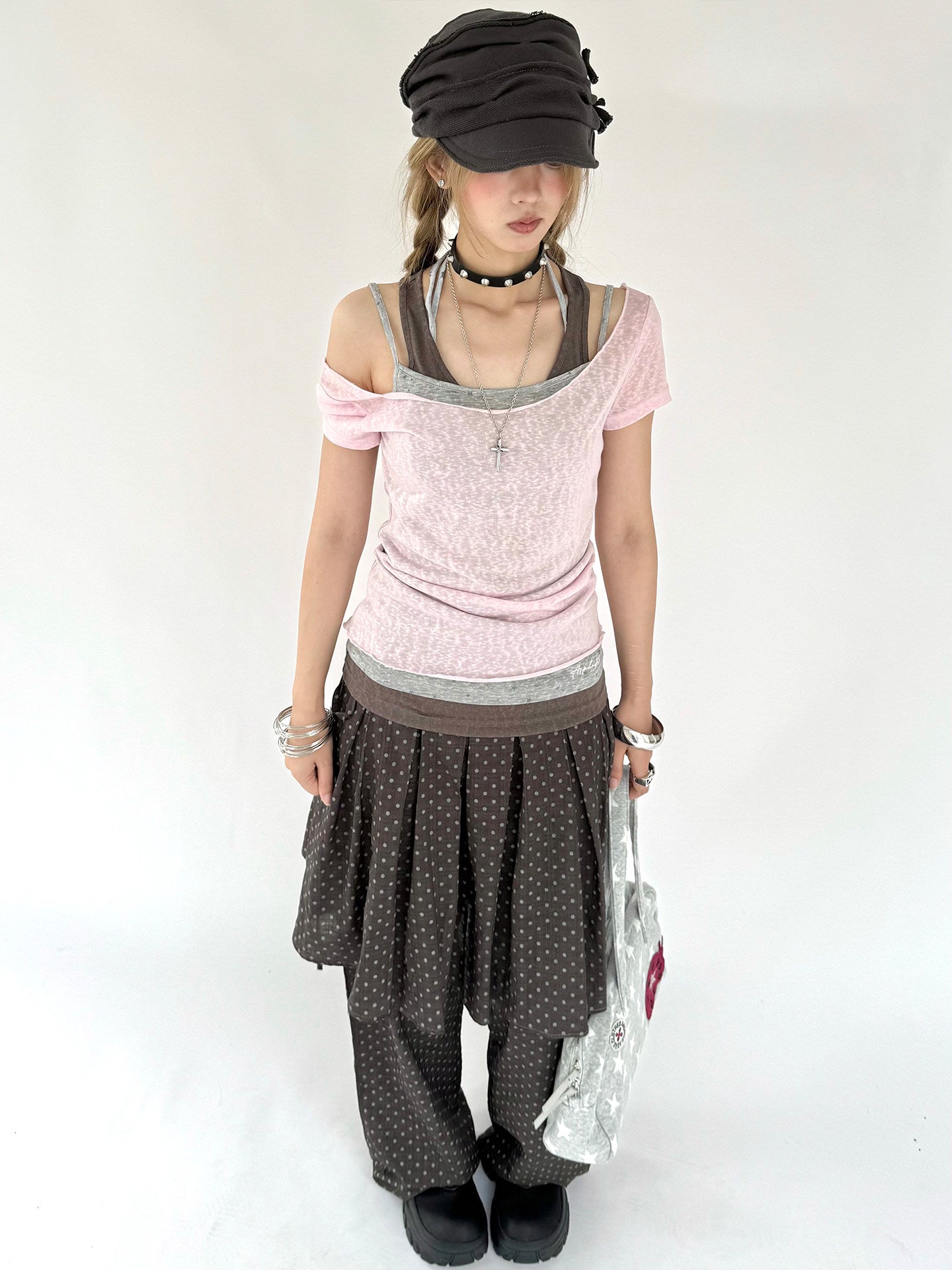 Pink Gray Triple-Layer Fitted Tee