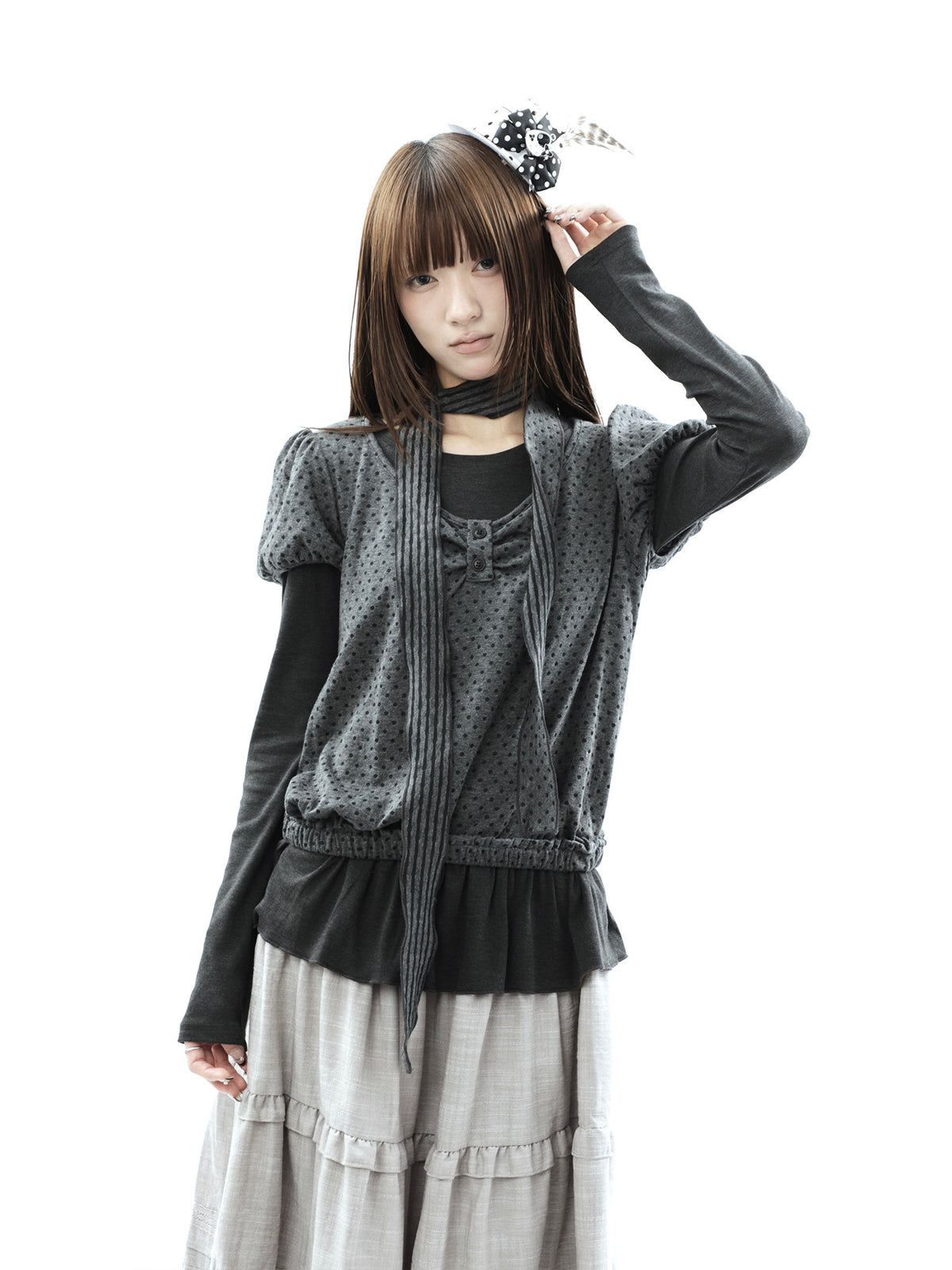 Polka Dot Layered Two-Piece Top Set with Scarf
