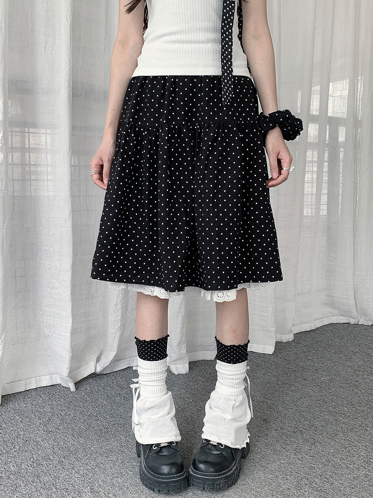 Black Polka Dot Lace-Trim Midi Skirt