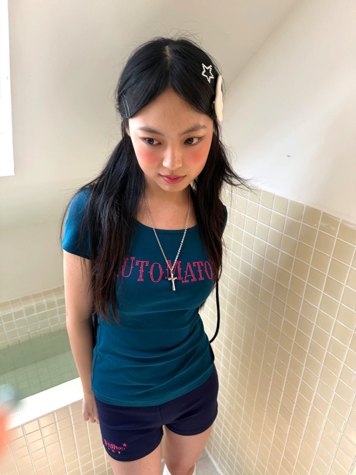 Dark Navy Rhinestone Letter Fitted Baby Tee