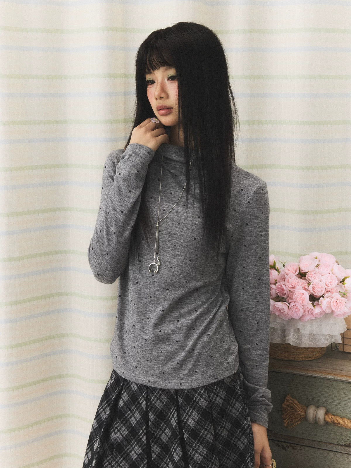 Polka Dot Mock-Neck Long Sleeve Top