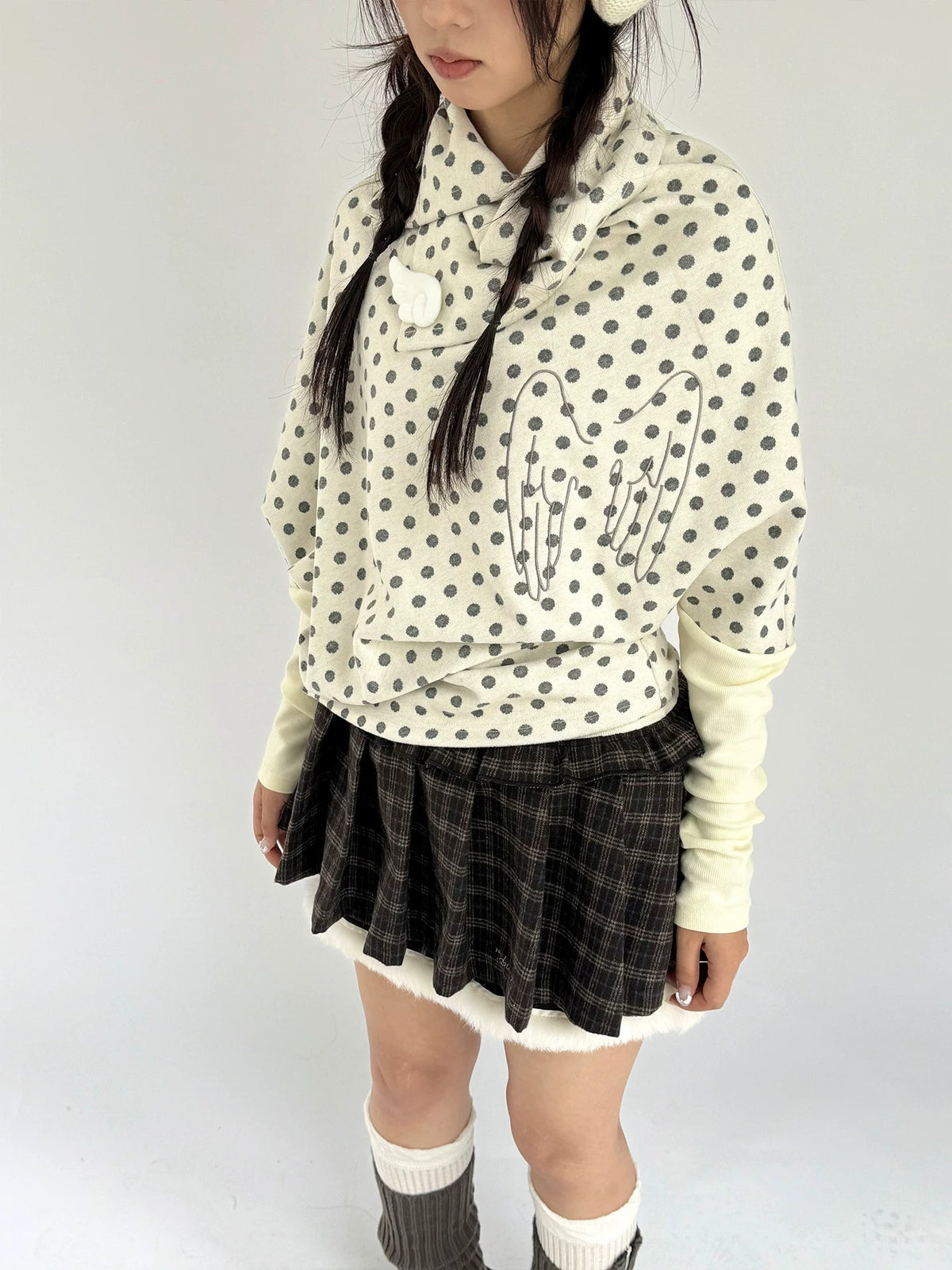 Brown Plaid Fuzzy-Trim Pleated Mini Skirt