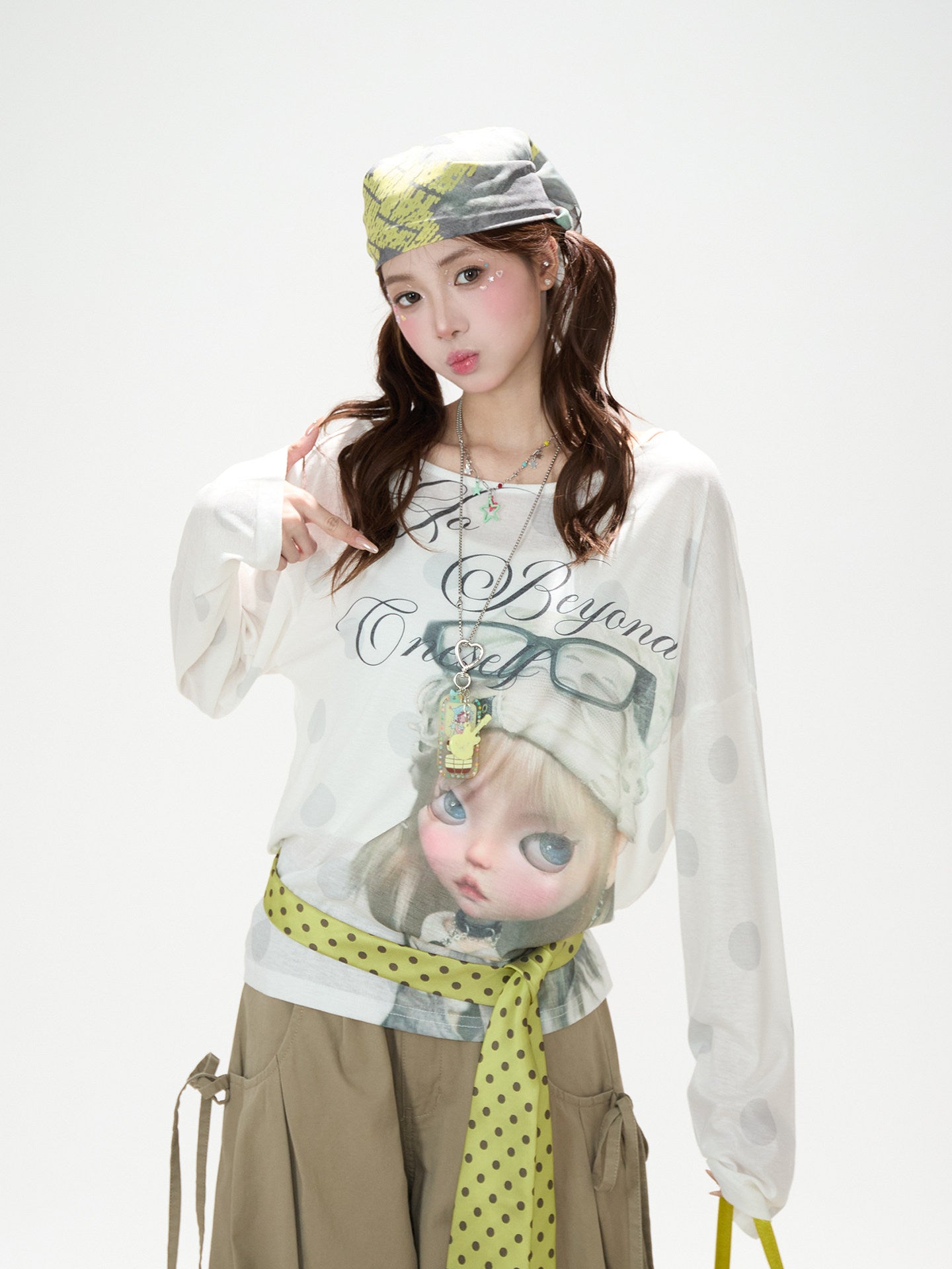 Dreamy Doll Print Oversized Long Sleeve Top