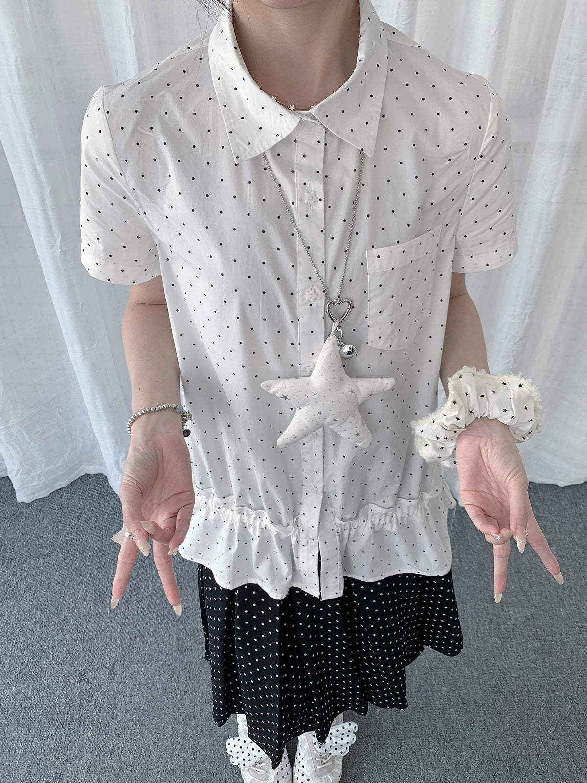 Polka Dot Ruffle-Hem Short Sleeve Shirt